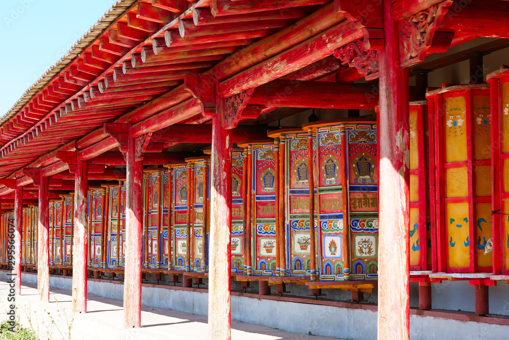 Prayer wheel in Tibetan Buddhist monastery Arou Da Temple in Qinghai China. Prayer wheel in Tibetan Buddhist monastery Arou Da Temple in Qinghai China.
