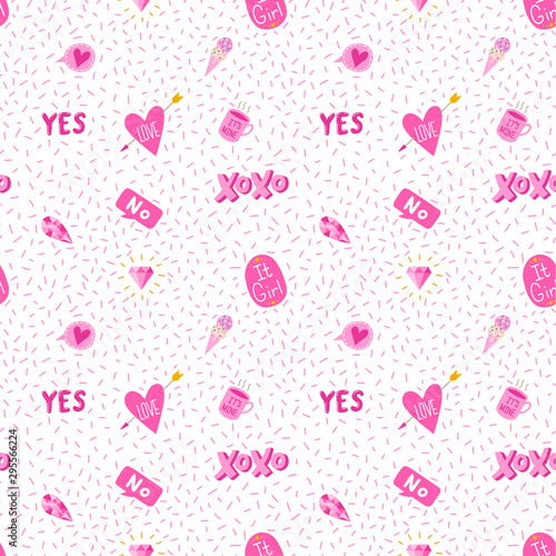 Cute girly seamless pattern with yes and xoxo text. Vector eps10.