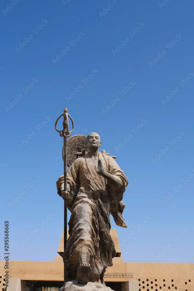 Metal statue of Tang Priest Tang Sanzang in Ruins of Gaochang, Turpan Xinjiang Province China.