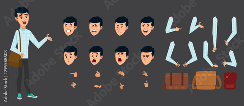 young boy character with different facial expression, hand poses and various type of bag. Custom character for design, motion or animation.