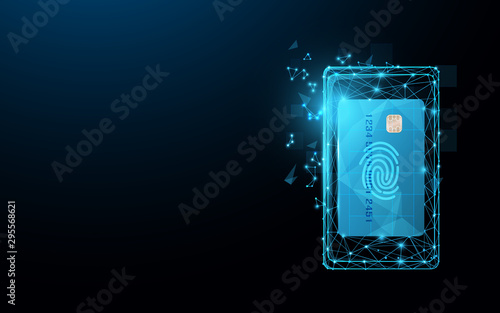 Smartphone with credit card from lines, triangles and particle style design. Mobile and digital payment concept