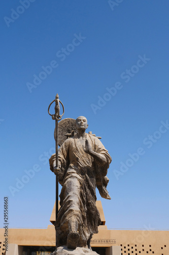Metal statue of Tang Priest Tang Sanzang in Ruins of Gaochang, Turpan Xinjiang Province China.