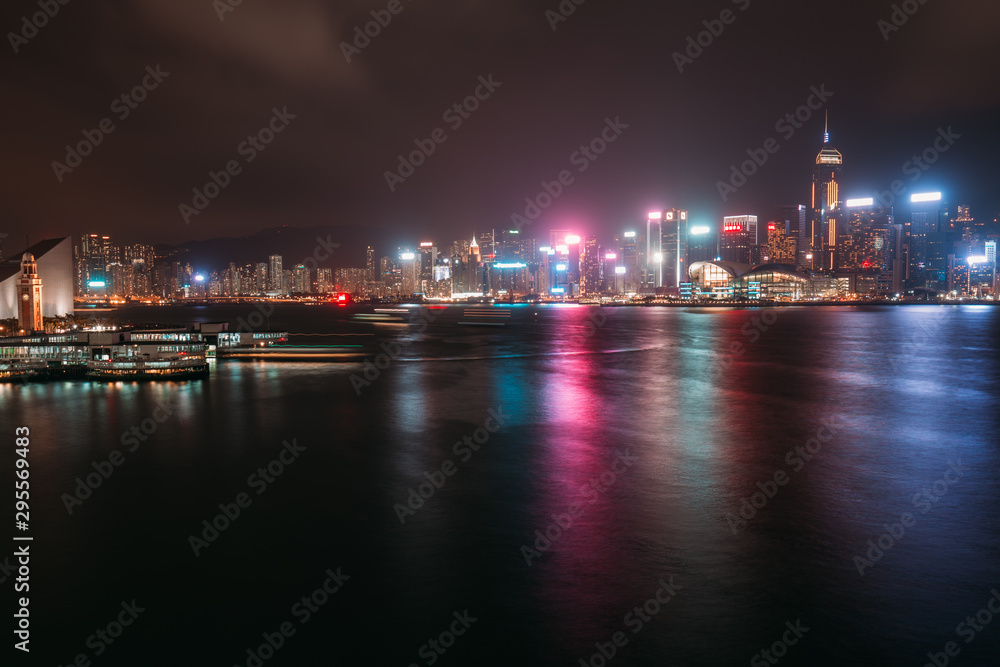 Hong Kong cityscape at night. View From Victoria Harbour