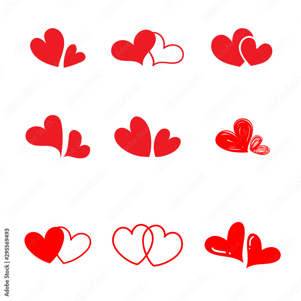 Set of two heart red color. Love concept. Element for a wedding card or Valentine day. Vector illustration isolated on white background.
