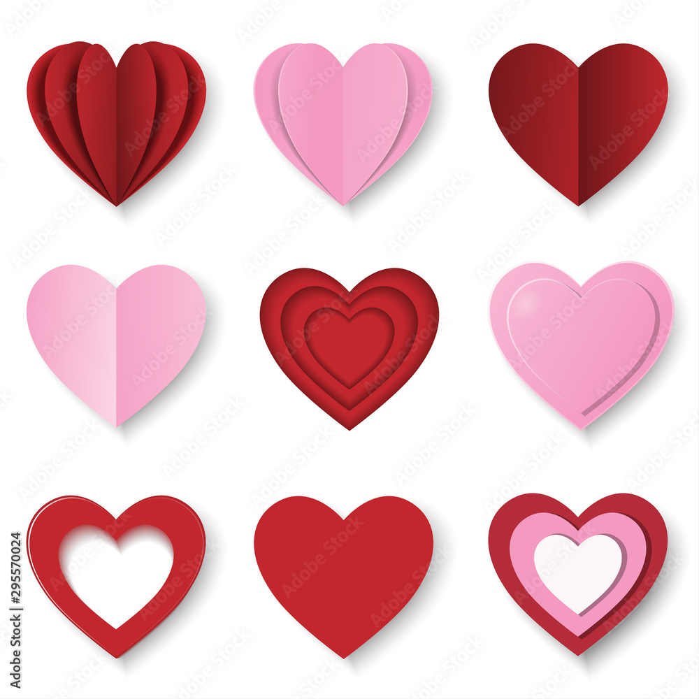 Set vector hearts paper cut for valentine's day. Object creative hearts for collection on white background. Vector illustration.