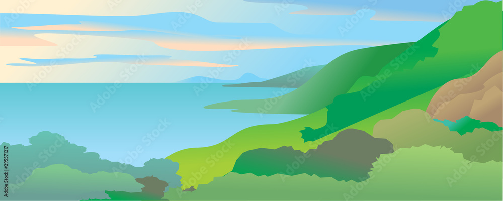 Tropical landscape and sea bay on a cloudy sky. vector illustration background