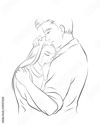 Young love couple. woman hugging man with tender love expression. pacify crying girl. line art vector illustration isolated cartoon hand drawn