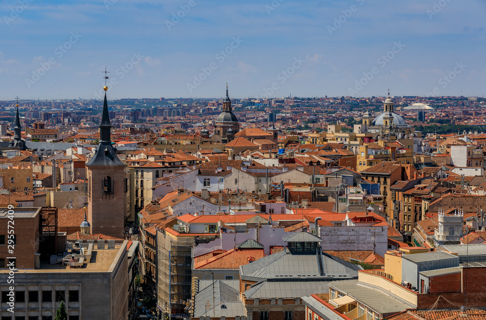 Aerial view of the Madrid cityscape with Almudena Cathedral rooftops in the city center in Madrid, Spain