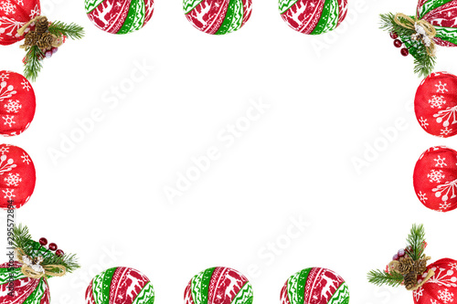 Christmas composition from Christmas decorations on a white background, blank for design
