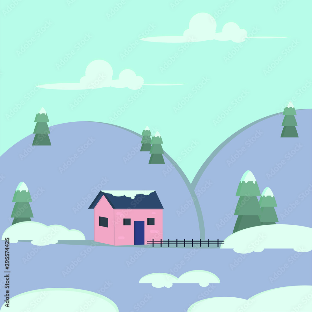 house on the hill. winter day. flat design illustration
