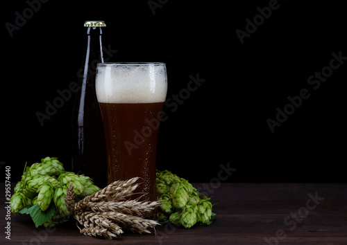 Craft beer with fresh green of hops and wheat on dark wooden table. Empty space for text. Black background