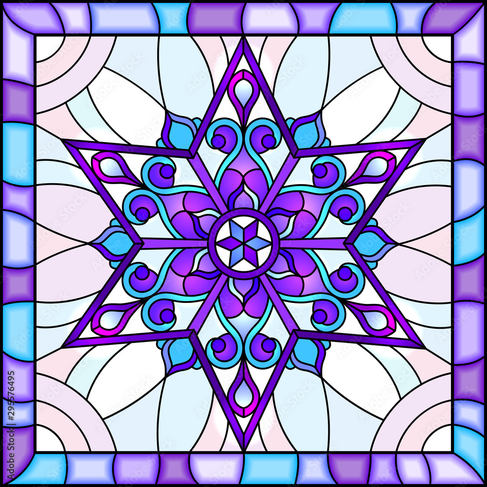 Naklejka premium Illustration in stained glass style with snowflake in blue colors in a bright frame 