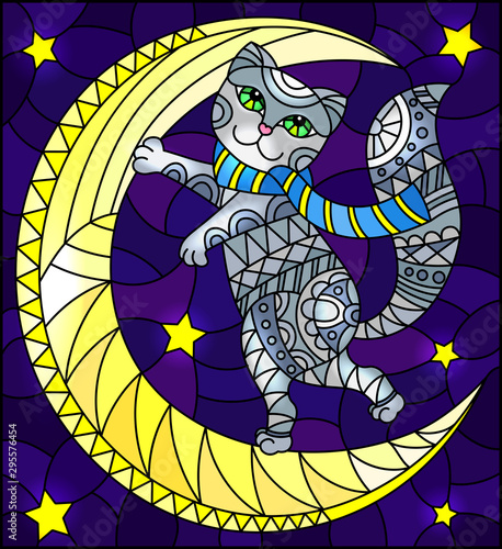 Illustration in stained glass style with fabulous grey kitten  on the moon on a starry sky background