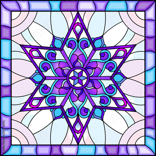 Illustration in stained glass style with snowflake in blue colors in a bright frame 