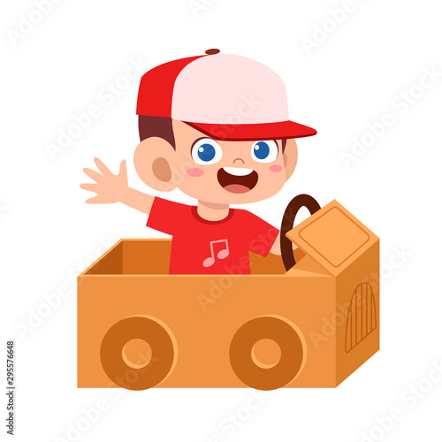 happy boy kid play toy car cardboard