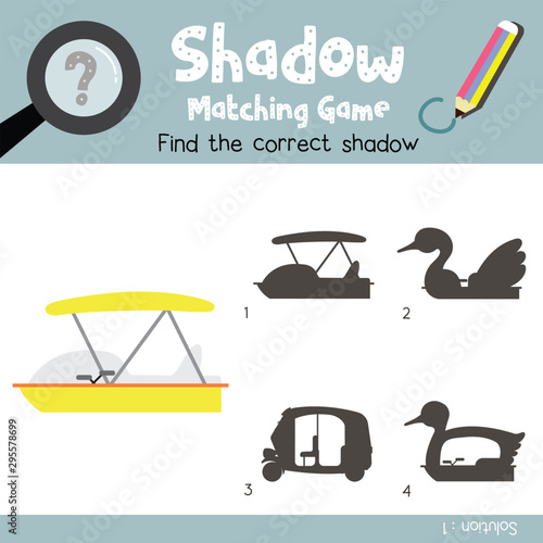 Shadow matching game Pedalo cartoon character side view vector illustration