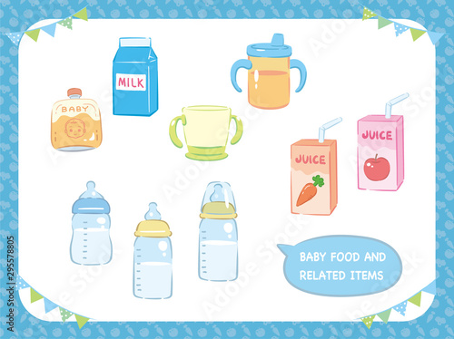 Baby feeding themed items. Vector illustration.