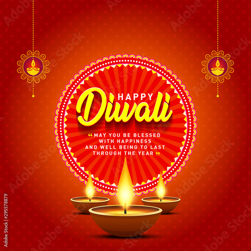 Happy Diwali Greetings Card Poster Design, Banner, Logo, Sticker, Concept, Template, Icon, Unit, Label, Web,  Mnemonic with Lamps on festive red background. Indian Festival of Light and Fire - Vector