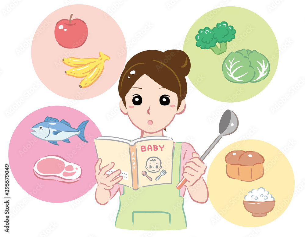 Mother thinking about her baby's food. Vector illustration. Mother thinking about her baby's food. Vector illustration.