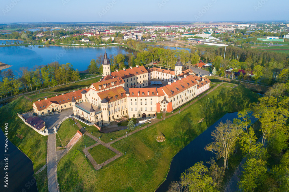Old Nesvizh Castle on a sunny May morning (shot from a quadrocopter). Nesvizh, Belarus