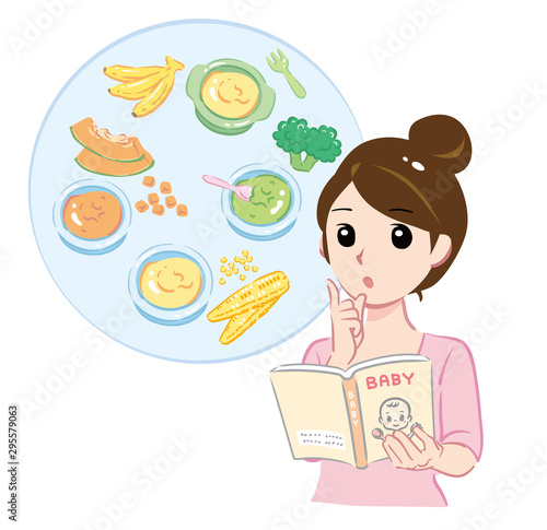 Mother thinking about her baby's food. Vector illustration.