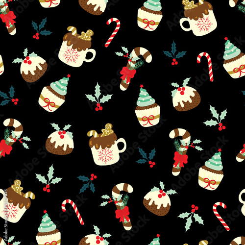 Christmas seamless pattern with sweet dessert: pudding, cupcake, candy cane, hot chocolate with gingerbread cookies, etc… on dark background. Cute holiday vector illustration.