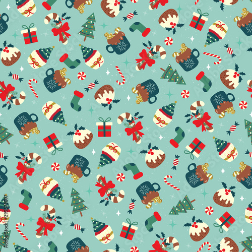 Christmas seamless pattern with sweet dessert arranged in dense and ditsy style. Cute holiday vector illustration.
