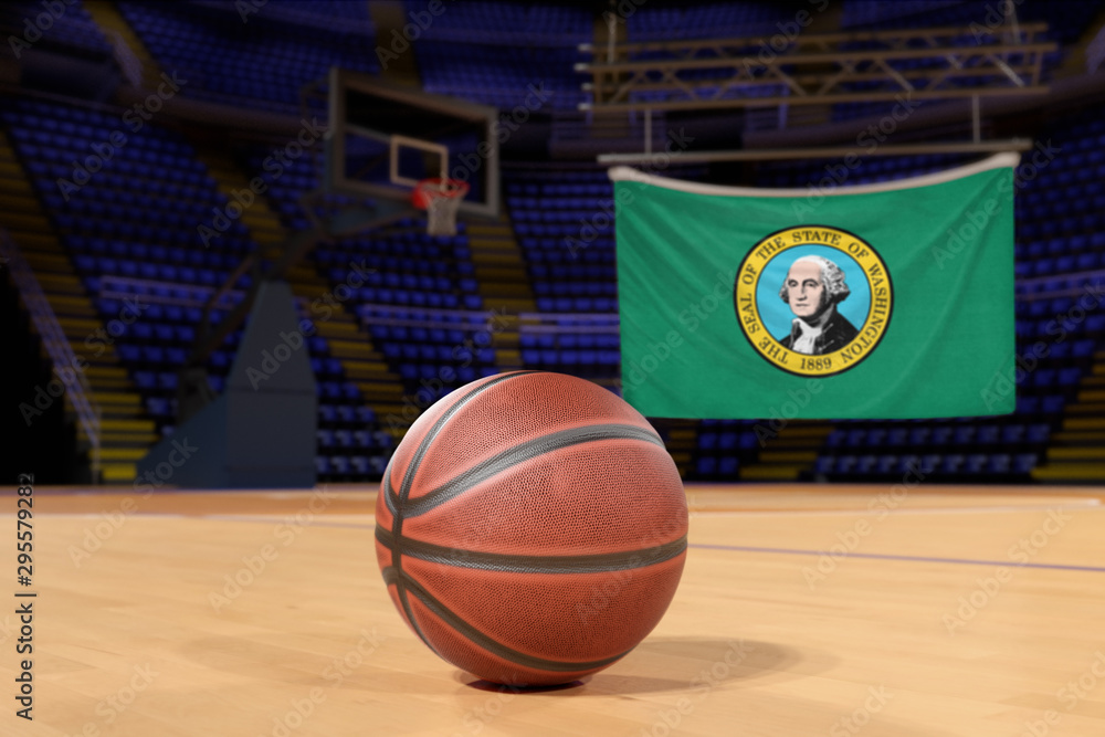 Naklejka premium Washington state flag and basketball on Court Floor