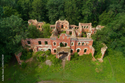 Top view on the ruins of the old house of the Barons of Vrangel on a sunny July day (aerial photography). Torosov. Leningrad region, Russia