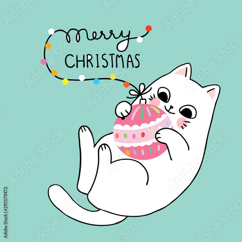 Cartoon cute Christmas  cat playing ball Ornaments vector.