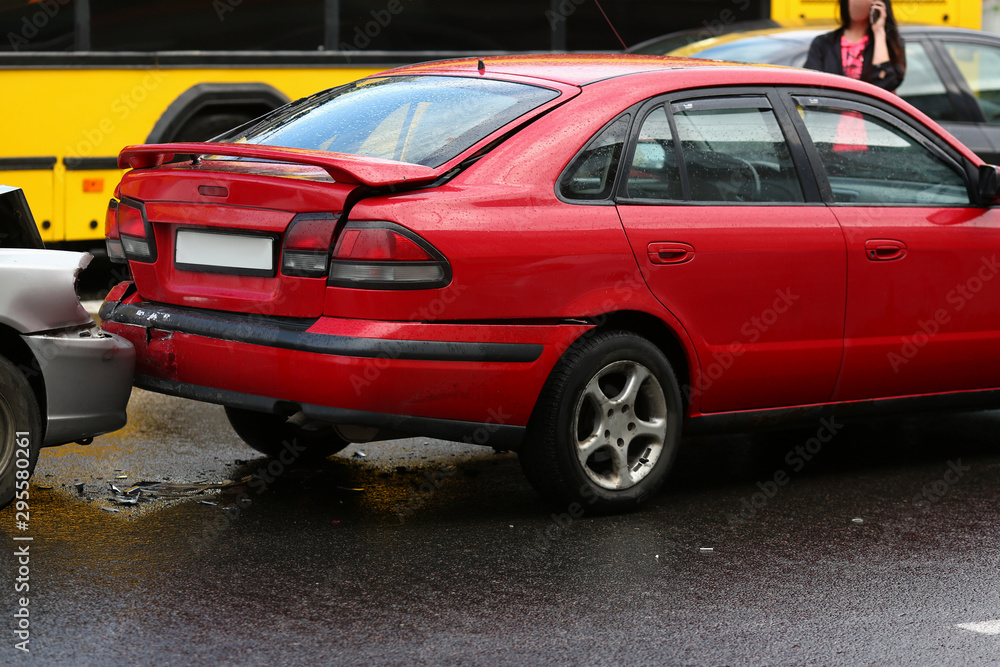 Accident of red and silver car after rain damage failure to keep distance safe distance