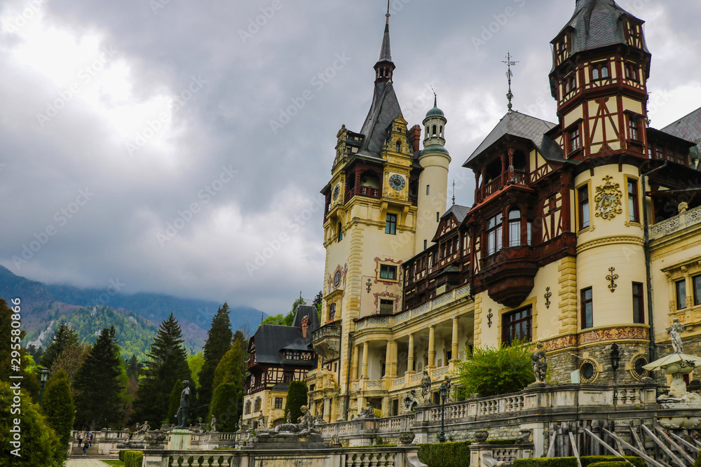 Sinaia, Romania, May 19, 2019: Neo-Renaissance Peles Castle Built In 1873. Sinaia, Romania, May 19, 2019: Neo-Renaissance Peles Castle Built In 1873.