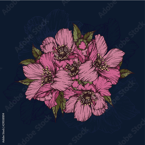 Trendy Floral pattern in the many kind of flowers. Tropical botanical Motifs scattered random. Seamless vector texture. Printing with in hand drawn style on dark background.