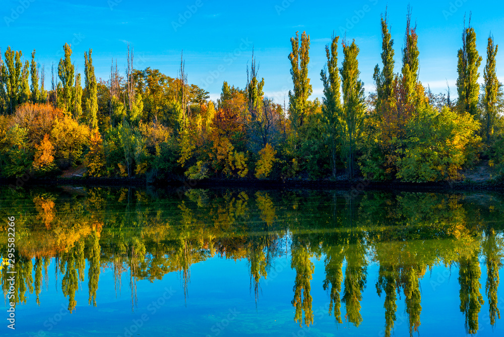 Fototapeta premium Beautiful autumn evening over a mountain river. Autumn landscape with colorful forest. Solar amber paysage. Indian summer landscape. Yellow trees in the rays of the departing sun. Autumn in Russia