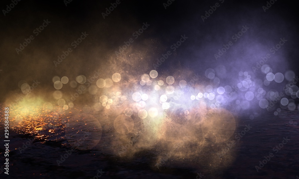 Fototapeta premium Wet asphalt, reflection of neon lights, a searchlight, smoke. Abstract light in a dark empty street with smoke, smog. Dark background scene of empty street, night view, night city.
