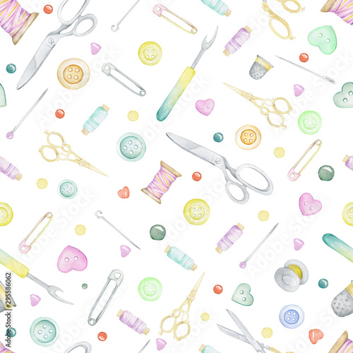 Seamless sewing pattern. Scissors, thread, reel, pins, needles, buttons. Hand-drawn watercolor background