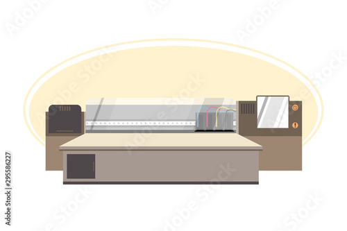 Flatbed large format printer by vintage color set. It's enable to print on hard surface materials. Editable with layers vector.