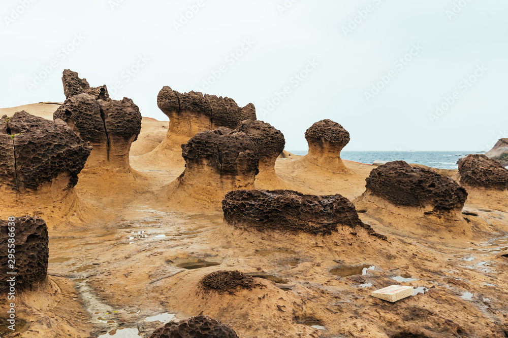 Taiwan Rocks Yehliu Geopark with nobody, a cape on the north coast of Taiwan. A ...