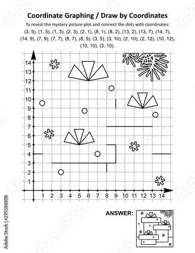 Coordinate graphing, or draw by coordinates, math worksheet with gift boxes: To reveal the mystery picture plot and connect the dots with given coordinates. Answer included.