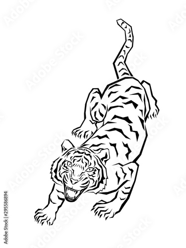 Crouching tiger line art tattoo on white background.