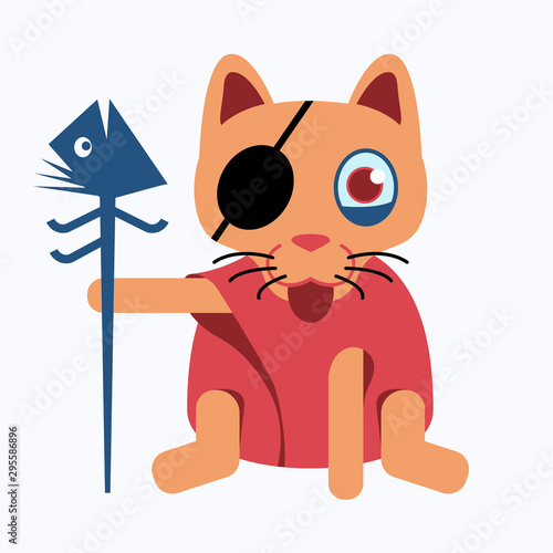 Witch cat wear eyepatch and red dressed holding fishbone satff. Cute character design of animal for halloween. Vector illustration.