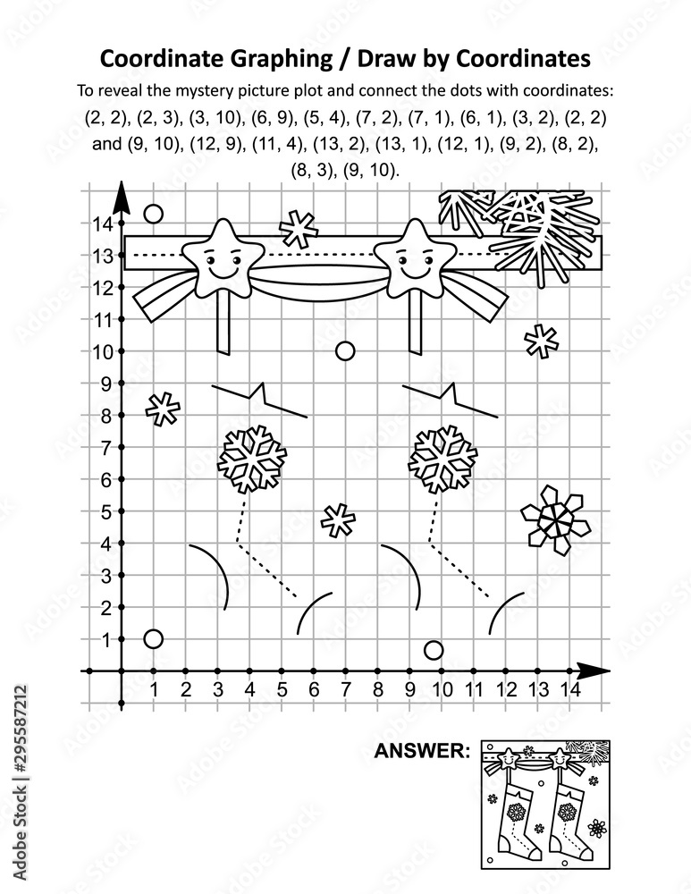 Coordinate graphing, or draw by coordinates, math worksheet with christmas stockings: To reveal the mystery picture plot and connect the dots with given coordinates. Answer included.