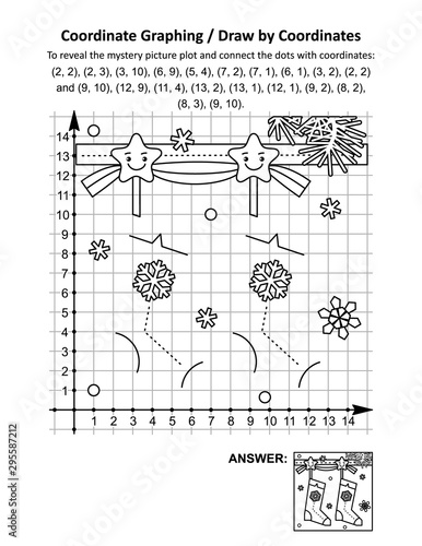 Coordinate graphing, or draw by coordinates, math worksheet with christmas stockings: To reveal the mystery picture plot and connect the dots with given coordinates. Answer included.