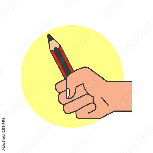 Hand firmly holds a pencil. Flat style illustration. 