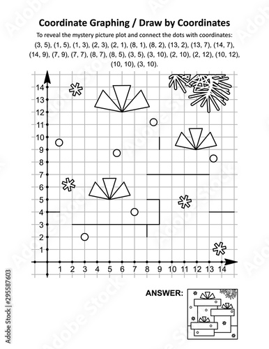 Coordinate graphing, or draw by coordinates, math worksheet with gift boxes: To reveal the mystery picture plot and connect the dots with given coordinates. Answer included.