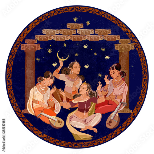Princess Shakherezada to tell fairy tales in the moonlight night. Women in national national ethnic clothes. Beautiful girls in harem. One Thousand and One Nights. Ancient culture of Islamic world