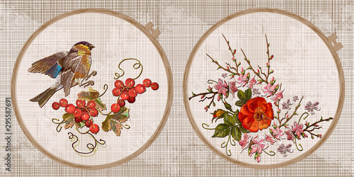 Embroidery collection. Red currant, birds and wild roses. Template tambour frame with a canvas, elements from stitches. Art for clothes