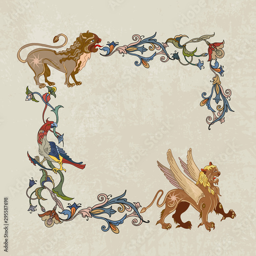 Medieval frame. Mythical creatures of the Renaissance era. Elegant baroque. Gothic style