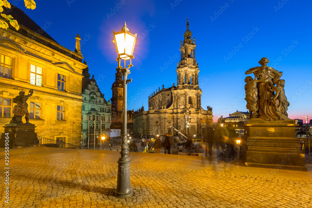 Square at the Cathedral of Holy Trinity and Dresden Castle in Saxony at night, Germany
