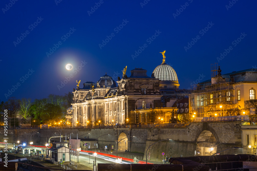 Beautiful architecture of the old town in Dresden at night, Saxony. Germany